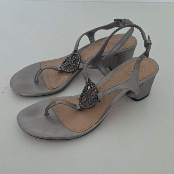 TORY BURCH | Silver Logo Thong Sandals Heels Sz 6M - Picture 1 of 6